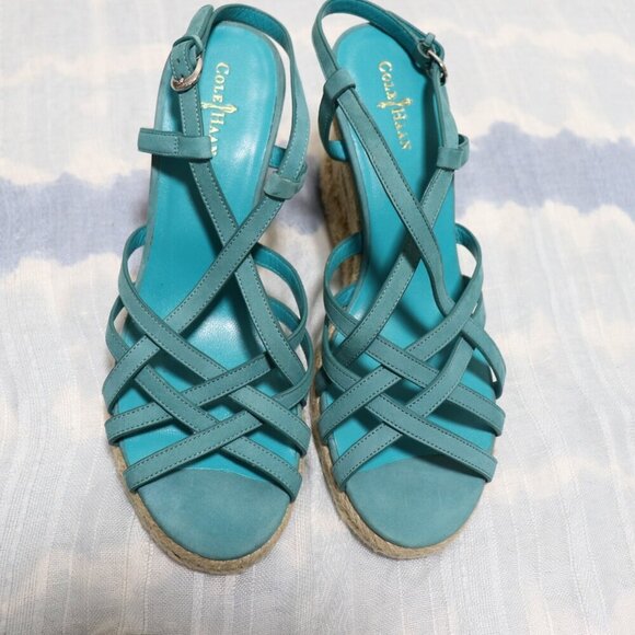 Cole Haan Teal Leather Strappy Espadrille Wedge Sandals Women’s 8.5 B - Picture 1 of 8